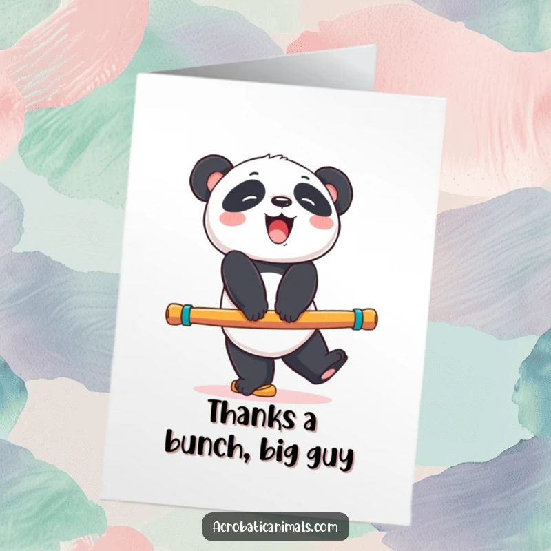 Funny Free Printable Thank You Card: A joyful panda bear giggling as it balances on a colorful exercise beam.