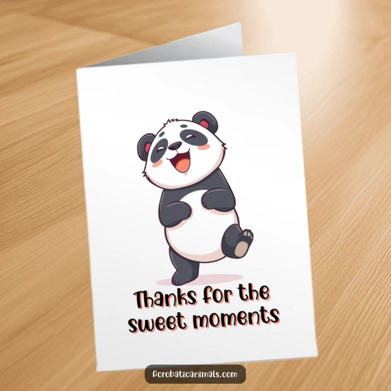 Funny Free Printable Thank You Card showing a giggling panda doing a cartwheel to express sincere gratitude.