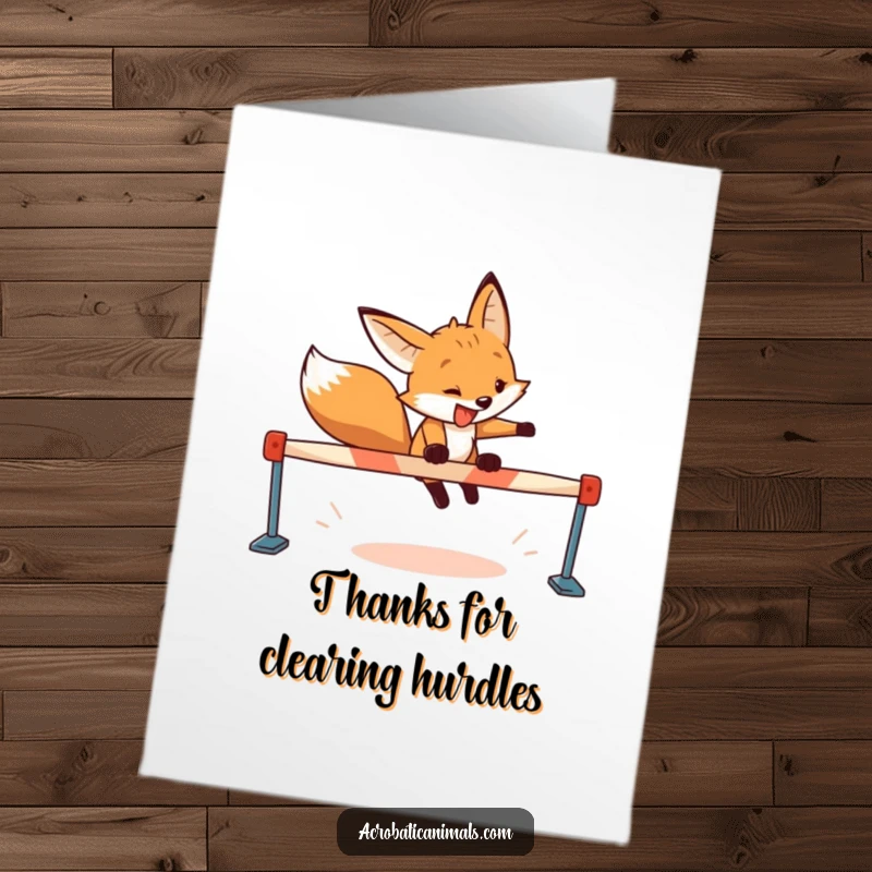 Funny Free Printable Thank You Card: Energetic fox leaping over an obstacle with pure delight.