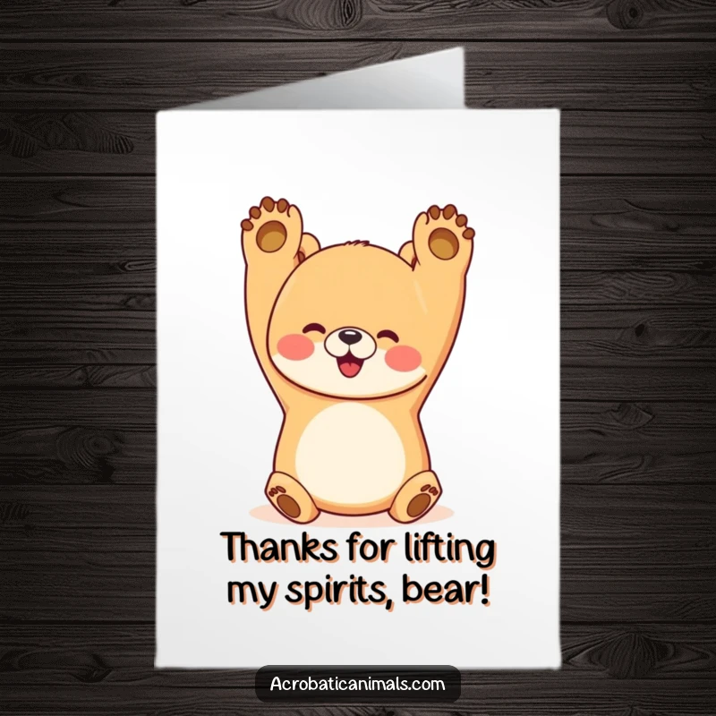 Funny Free Printable Thank You Card: A happy bear does a handstand with paws up, showing gratitude with playful, energetic spirit.