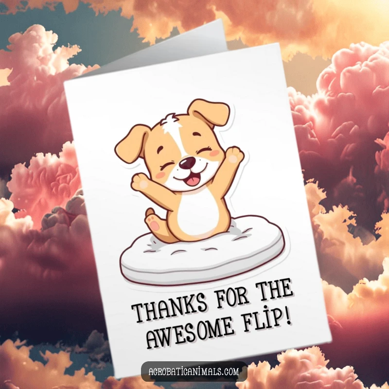 Funny Free Printable Thank You Card: A playful puppy does a dramatic flip over a foam mat, expressing gratitude.