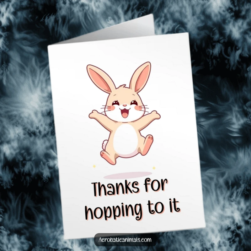 Funny Free Printable Thank You Card: A happy rabbit in mid-high jump, conveying thanks with energetic style.