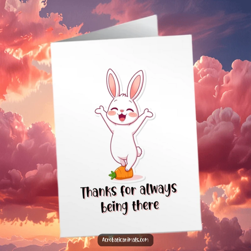 Funny Free Printable thank you card: A delighted rabbit performs a balancing handstand on a tiny carrot, showing thanks.