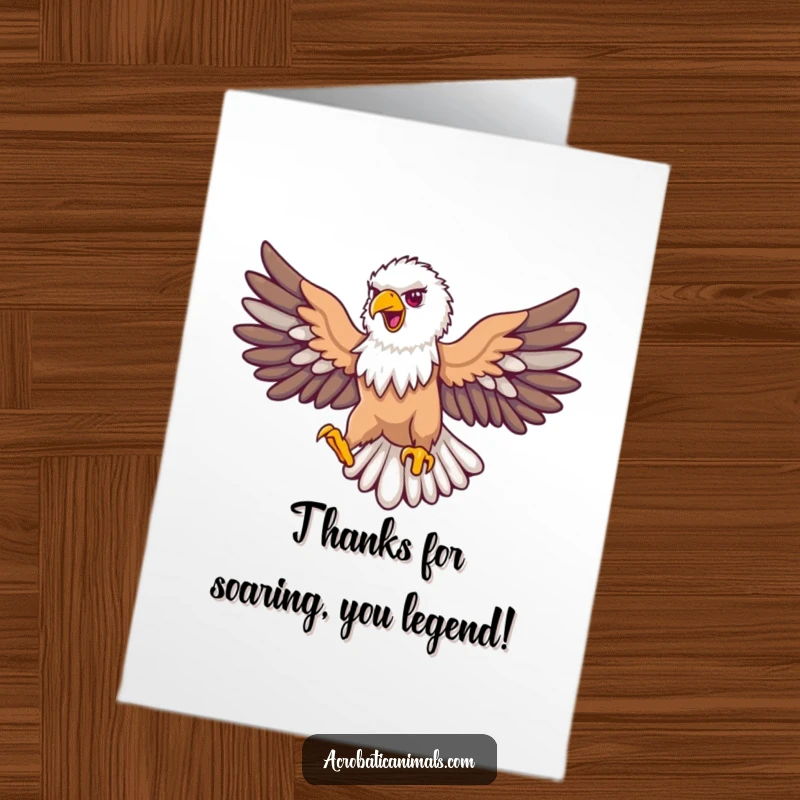 Funny Free Printable Thank You Card: A proud eagle soars in a loop with wings outstretched, conveying thanks with majestic grace and power.