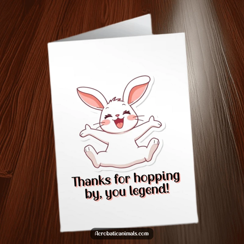 Funny Free Printable Thank You Card: A happy rabbit mid-split jump, ears flopping, conveying thanks with playful, energetic cheerfulness.