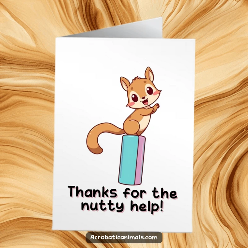 Funny Free Printable Thank You Card illustrating a curious squirrel determinedly climbing a tall, colorful bar as a symbol of appreciation.