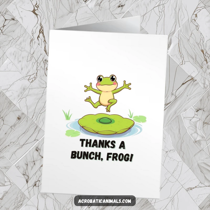 Funny Free Printable Thank You Card: A frog joyfully leaps on a spinning lily pad, sending cheerful thanks your way.