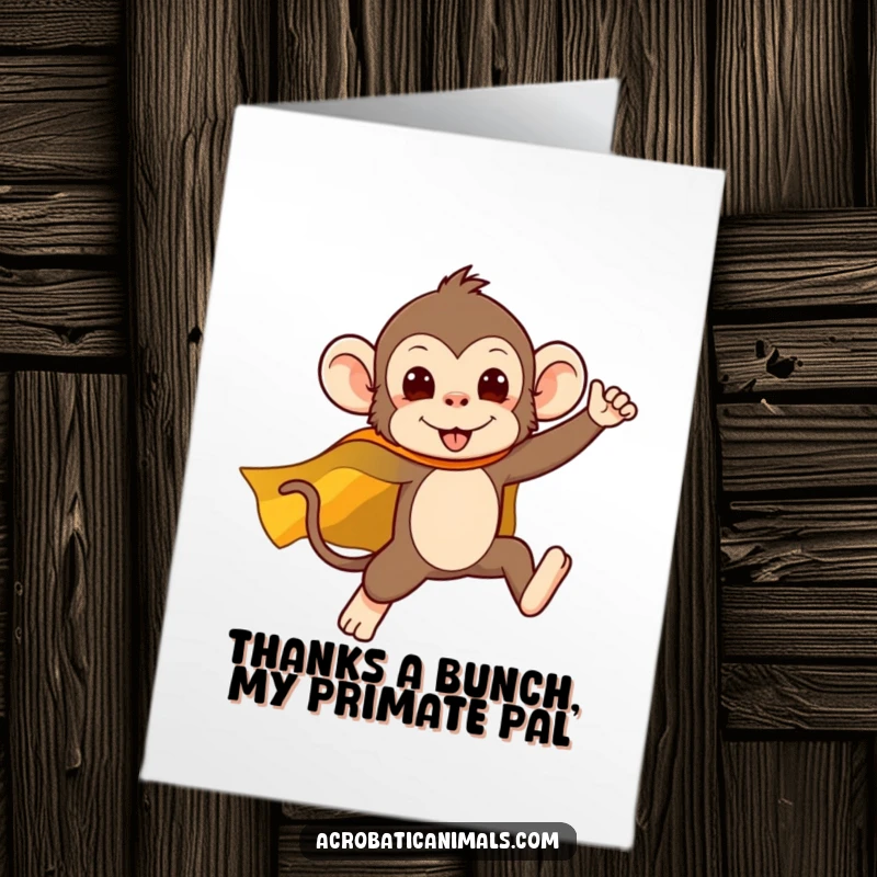 Funny Free Printable Thank You Card: Silly monkey in a superhero cape leaping. A downloadable DIY greeting for appreciation.