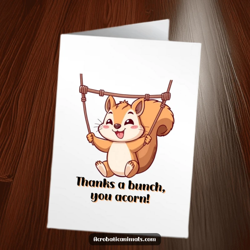 Funny Free Printable Thank You Card: A mischievous squirrel swinging from a trapeze, expressing gratitude with flair.