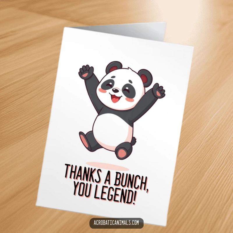 Funny Free Printable Panda Thank You Card: A joyful panda executes a perfect split jump to express sincere thanks.