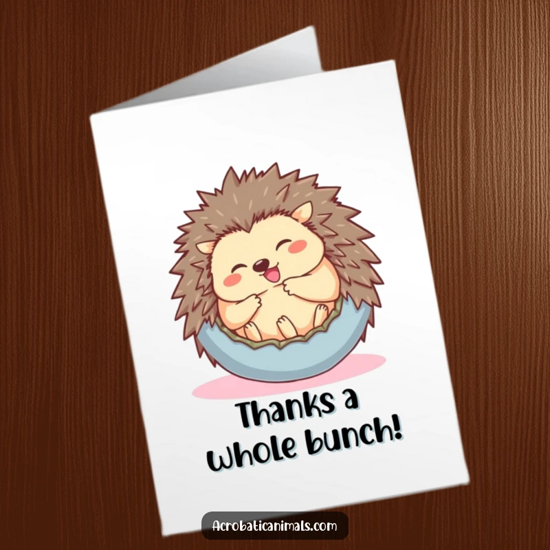 Funny Free Printable Thank You Card: A giggling hedgehog forms a perfect ball, expressing heartfelt thanks.