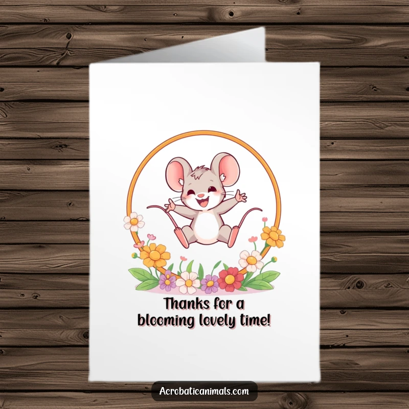 Funny Free Printable Thank You Card with a brave mouse leaping through a flower-filled hoop, conveying heartfelt gratitude.