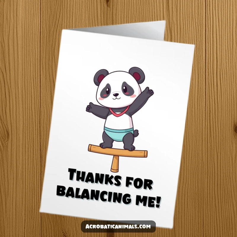 Funny Free Printable Thank You Card: A confident panda gymnast holding a balanced pose, conveying graceful thanks with a smile.