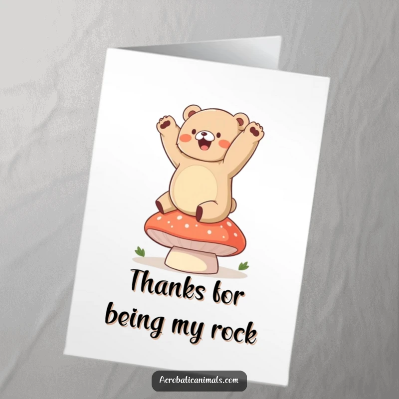 Funny Free Printable Thank You Card: A chubby bear cub balancing on its hands on a round mushroom.
