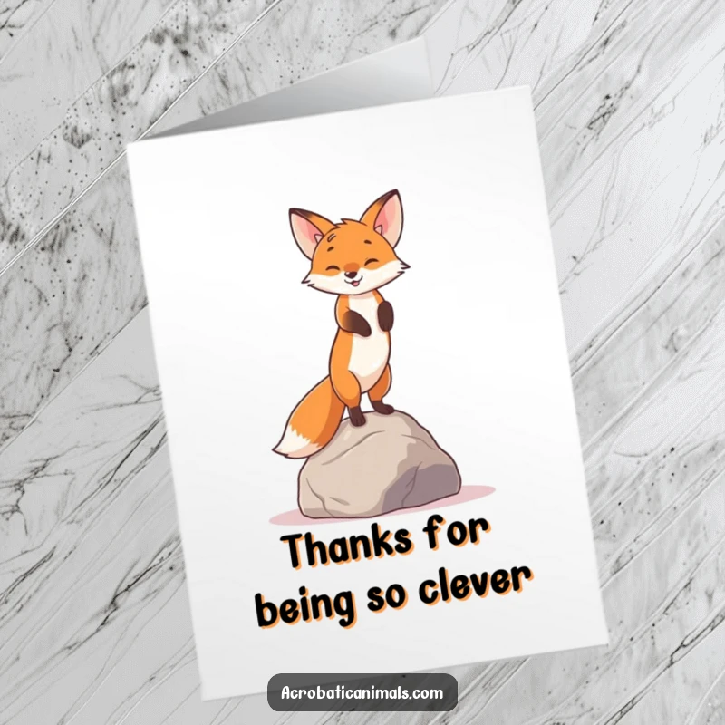 Funny Free Printable Thank You Card: A curious fox expertly balances in a handstand on a rock, saying thank you.