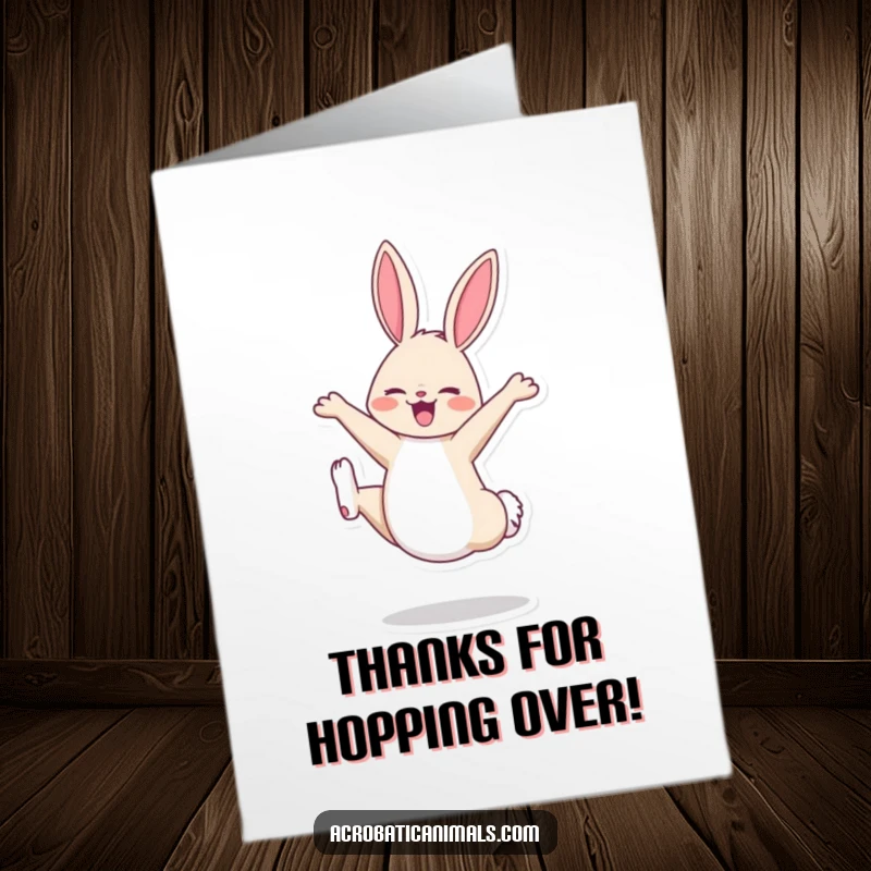 Funny Free Printable Thank You Card: A cheerful bunny does a cartwheel, delivering thanks with a playful flourish.