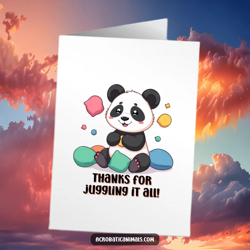 Funny Free Printable Thank You Card: A playful panda juggling beanbags, expressing thanks with a happy expression.