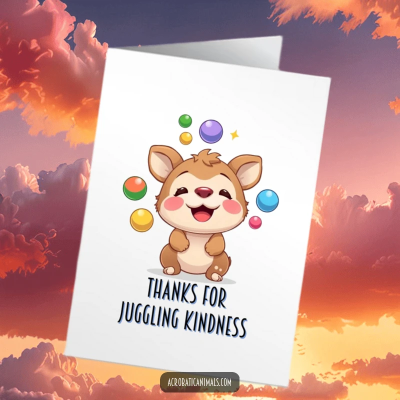 Funny Free Printable Thank You Card: A playful animal balancing colorful balls on its nose, looking incredibly focused and skilled.