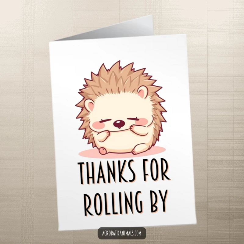 Funny Free Printable Thank You Card: A small hedgehog in a cozy forward roll, expressing thanks.