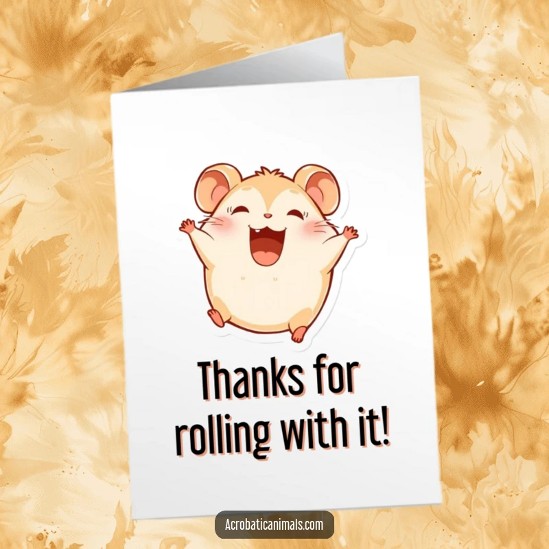 Funny Free Printable Thank You Card: A round hamster somersaults with a big smile, expressing thanks.