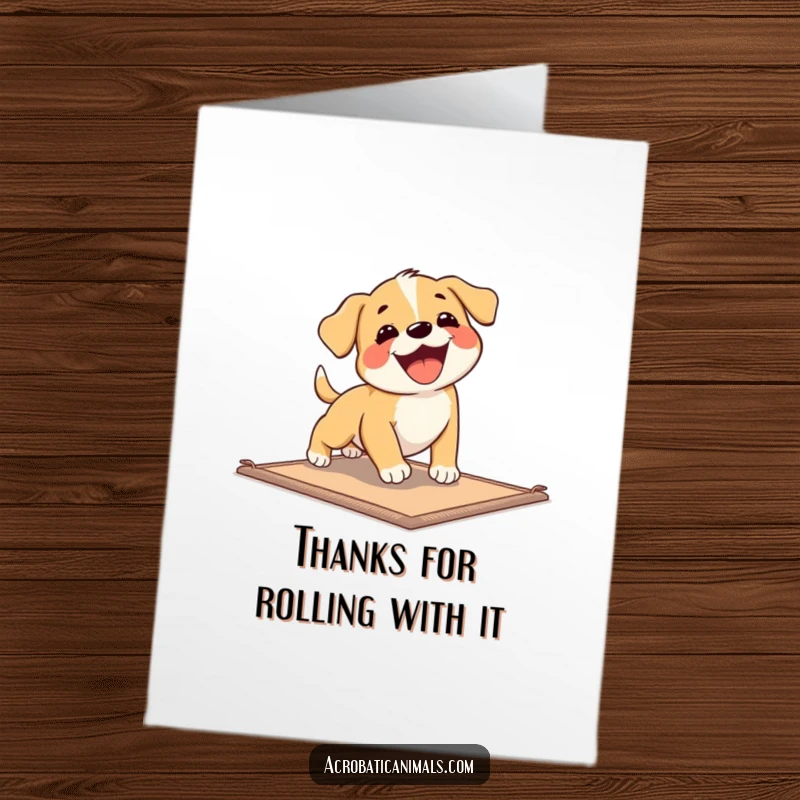 Funny Free Printable Thank You Card: A happy puppy doing a playful tumble on a mat to say thanks.
