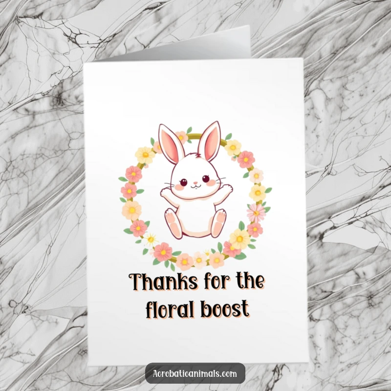 Funny Free Printable Thank You Card: A cute bunny with rosy cheeks leaping joyfully through a flower hoop.