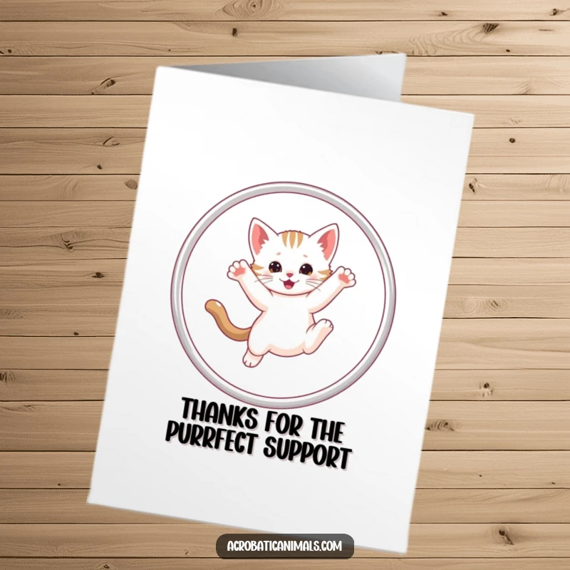 Funny Free Printable Thank You Card: Adorable kitten performing a dynamic hula hoop trick to express thanks.