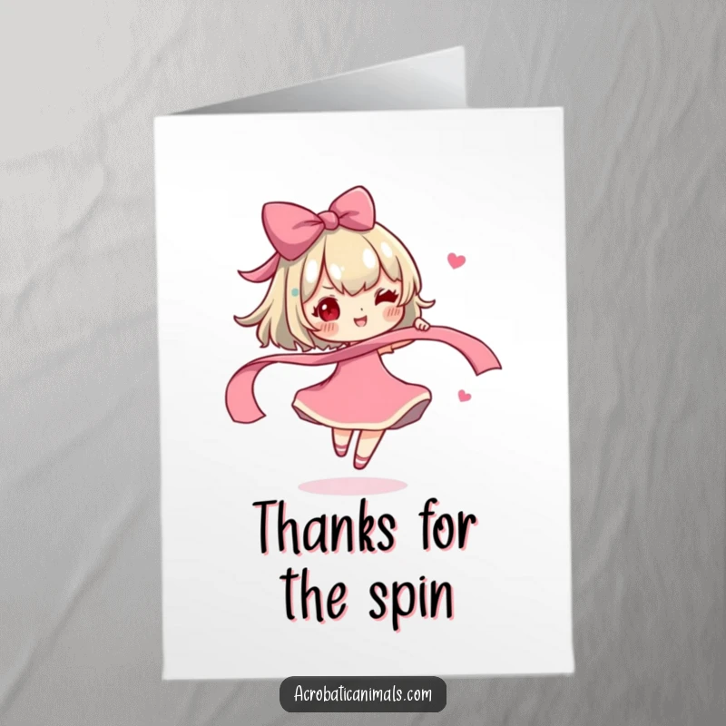 Funny Free Printable Thank You Card: Character twirling a ribbon, sending happy, thankful vibes.