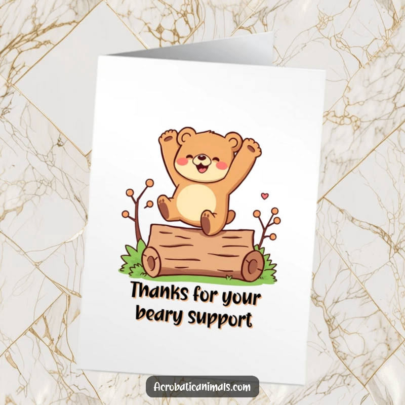 Funny Free Printable thank you card: A joyful bear does a cartwheel over a log, conveying energetic appreciation.