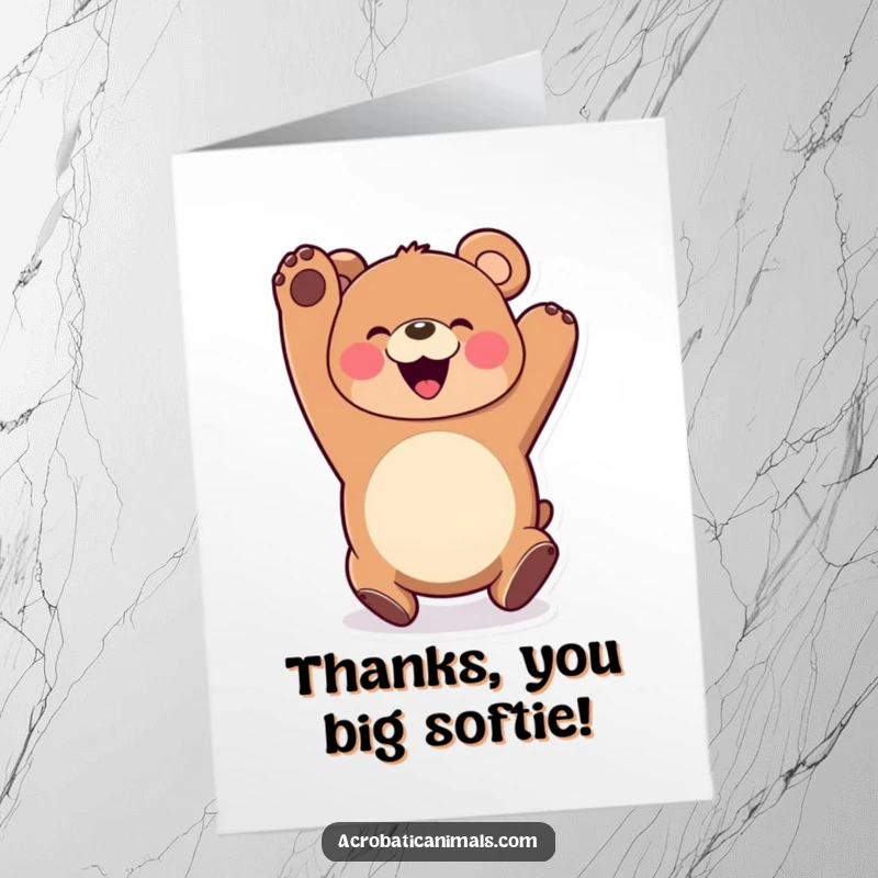 Funny Free Printable Bear Thank You Card: A happy bear with a big smile executes a somersault to show heartfelt thanks.