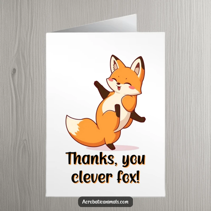 Funny Free Printable Fox Thank You Card: A playful fox executes a flawless cartwheel, conveying thanks with acrobatic charm.
