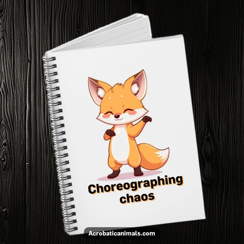 Funny fox striking a dramatic dance pose on a notebook cover, inspiring creative writing and theatrical expression.