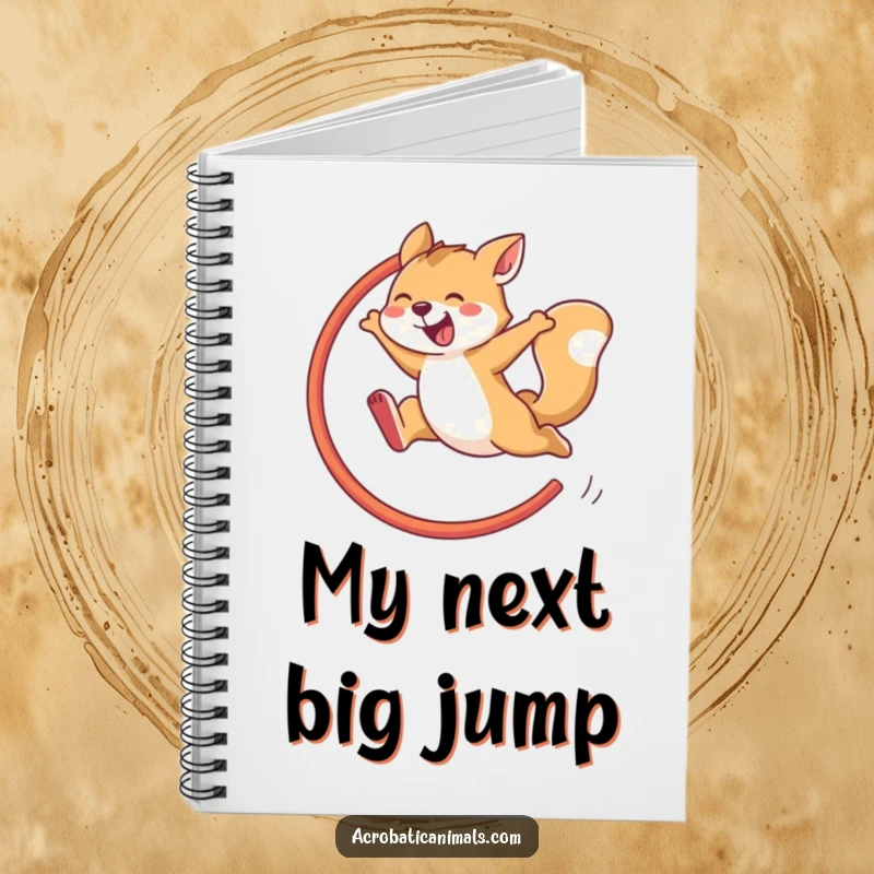 Funny notebook cover showing an agile animal joyfully leaping through a hoop, perfect for jotting down inspired and hilarious ideas.