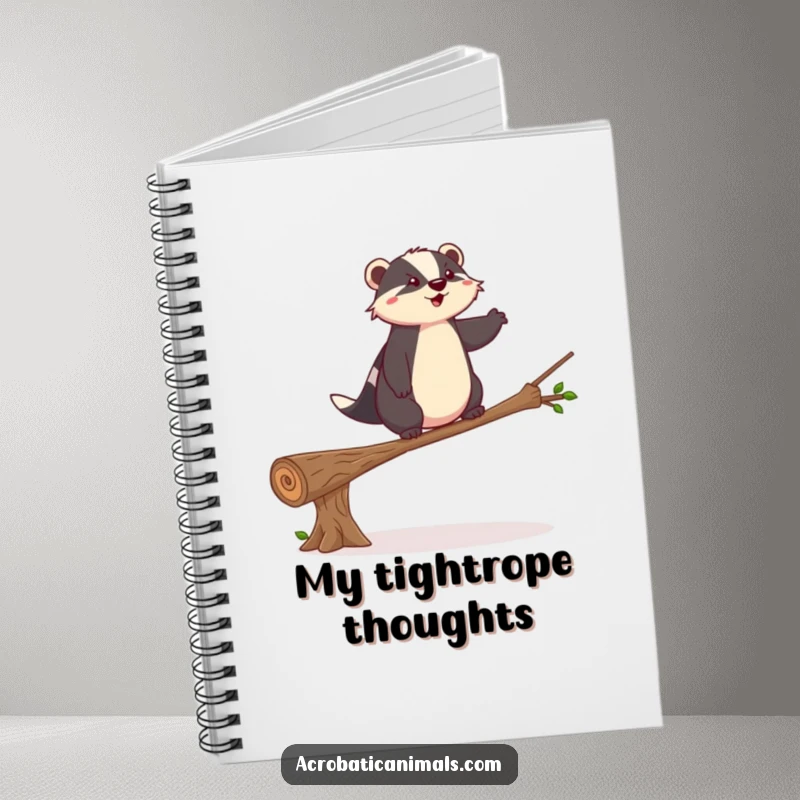 Funny badger notebook with a balancing theme, perfect for focused thought and a humorous funny gift.
