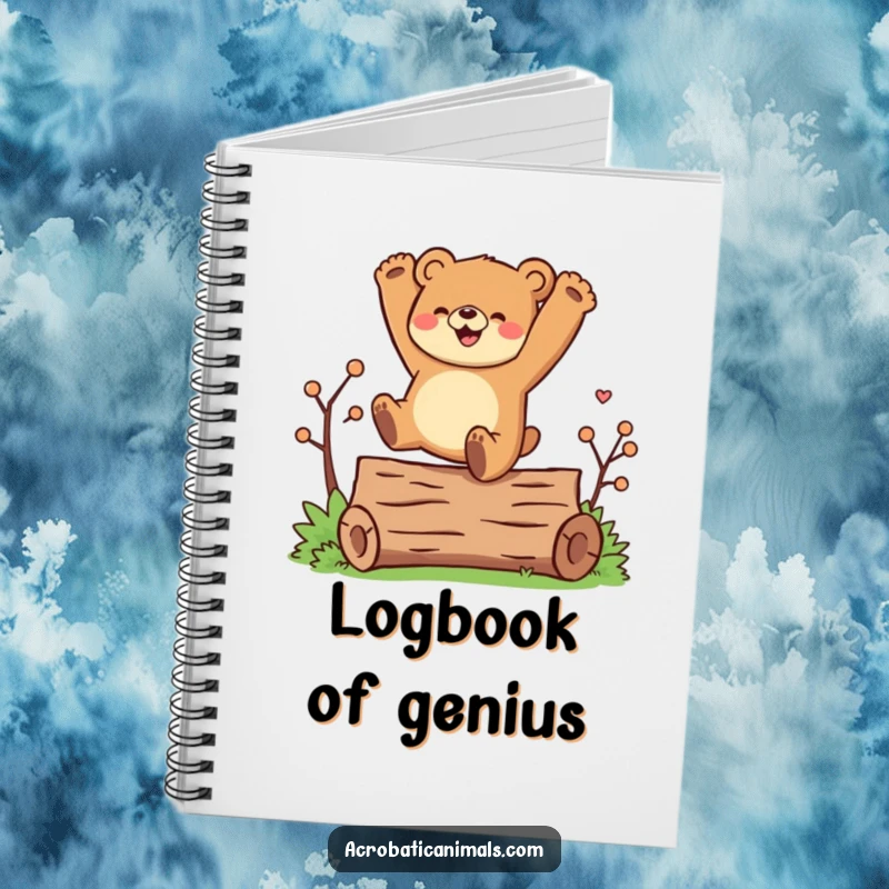 Funny notebook with a joyful bear character doing a cartwheel over a log, inspiring energetic thoughts and creative notes.