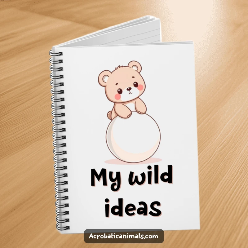 Funny notebook cover featuring a little bear cub balancing on a bouncy ball, perfect for jotting down playful thoughts.