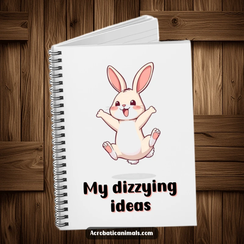 Funny notebook with a bouncy bunny performing a perfect somersault, designed for jotting down joyful thoughts and ideas.