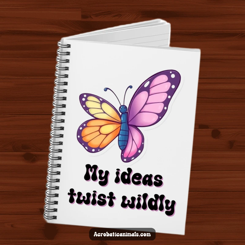 Funny butterfly notebook with a vibrant butterfly performing a graceful aerial twist, ideal for journaling and creative writing.