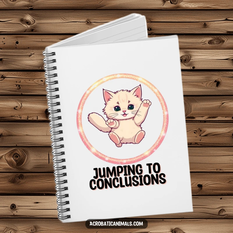 Funny cat leaping through a glittering hoop on a notebook cover, inspiring bold ideas and creative writing.