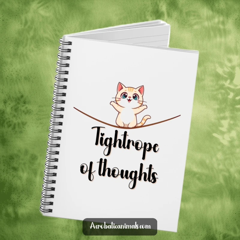 Funny notebook with a surprised cat character balancing on a tightrope, inspiring notes on balance and overcoming challenges.