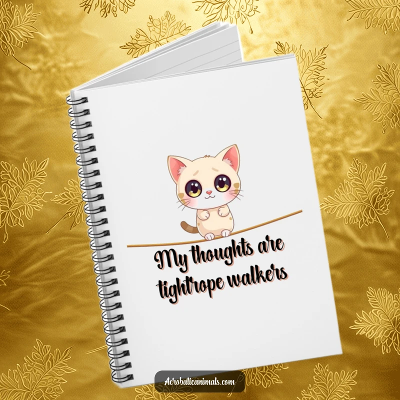 Funny cat notebook featuring a wide-eyed cat balancing on a tightrope, perfect for jotting down funny notes.