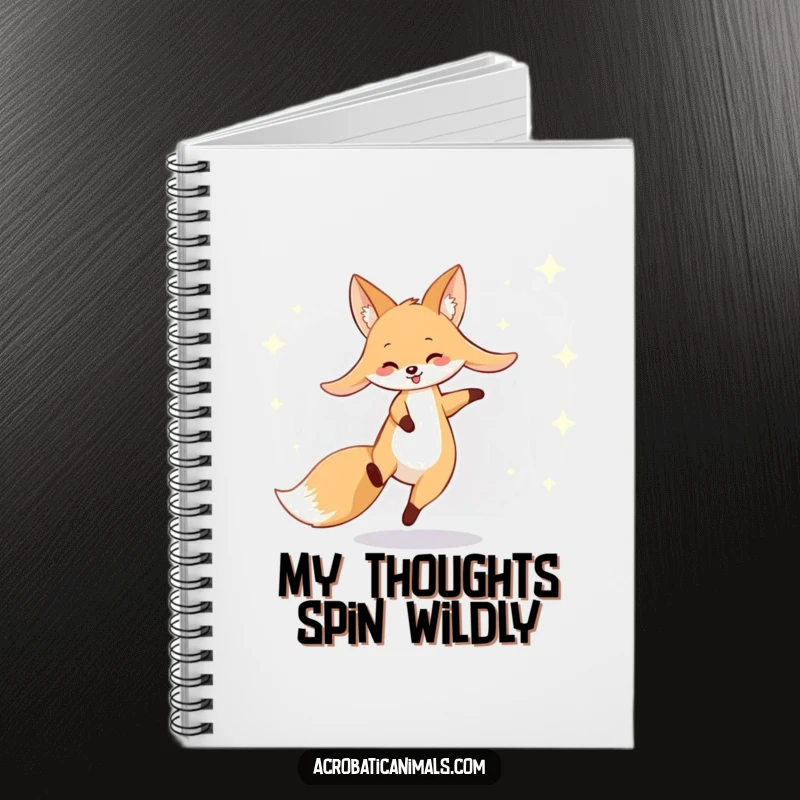Funny fox notebook featuring a smiling fox cartwheeling across a starry background, perfect for jotting down creative thoughts.