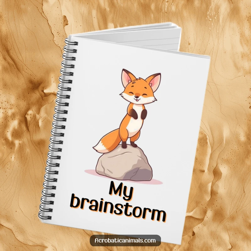 Funny notebook cover with a curious fox balancing in a handstand on a rock, perfect for storing unique ideas.