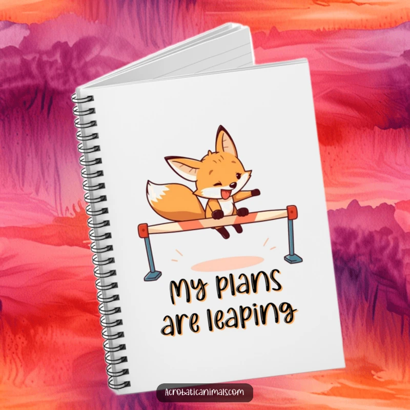 Funny fox notebook with a determined fox and a wide grin leaping over a hurdle, perfect for planning and writing.
