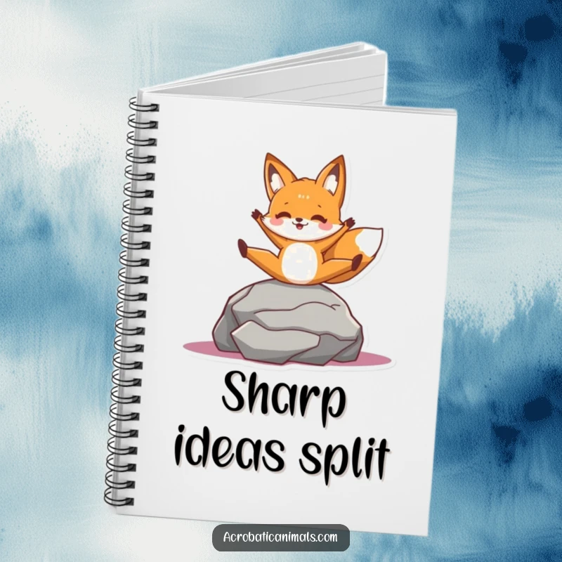 Funny notebook with a cheerful fox character doing a split on a rock, inspiring flexible thinking and creative notes.