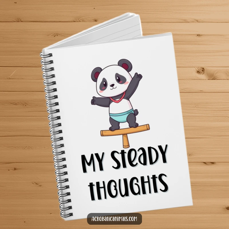 Funny notebook cover with a panda doing a gymnast pose on a balance beam, encouraging focused planning.
