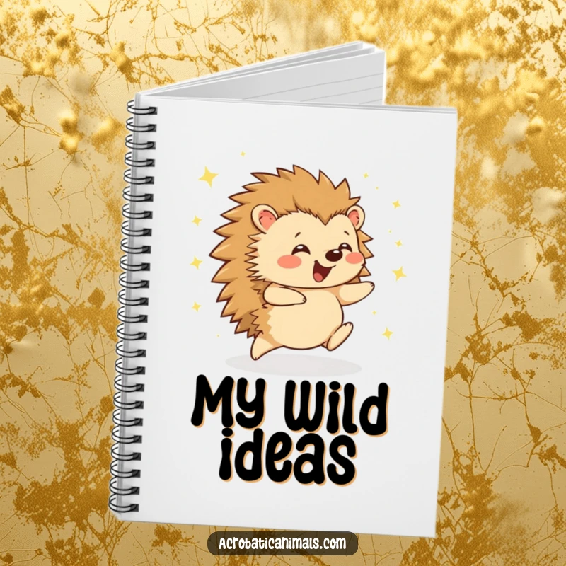 Funny hedgehog cartwheel notebook, featuring a joyful hedgehog mid-cartwheel surrounded by sparkles. Perfect for notes and journaling, great humorous gift.