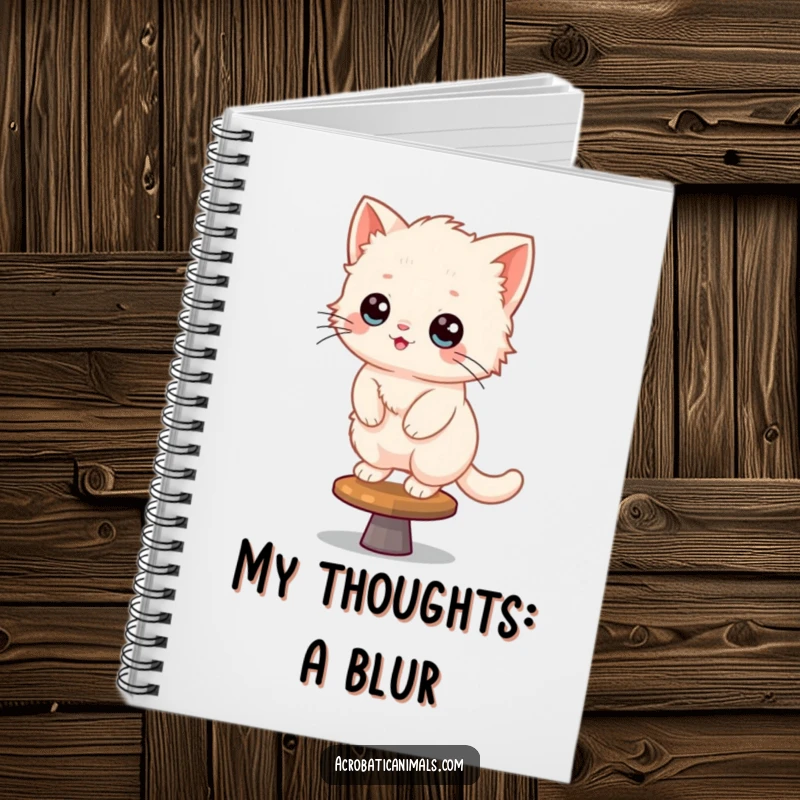 Funny Kitten Notebook: A fluffy kitten balances on a spinning beam, capturing attention and inspiring writing.