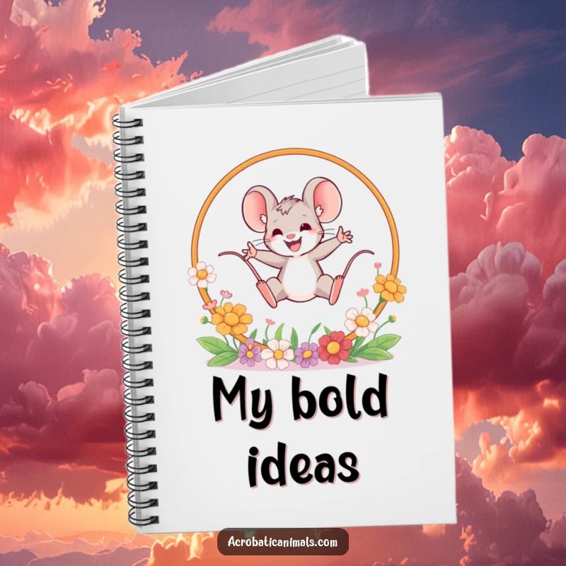 Funny mouse leaping notebook, featuring a brave mouse jumping through a flower hoop. Perfect for notes and journaling, humorous courageous gift.