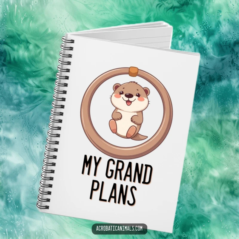 Funny notebook cover with a smiling otter gracefully swinging on a ring, perfect for capturing funny thoughts.